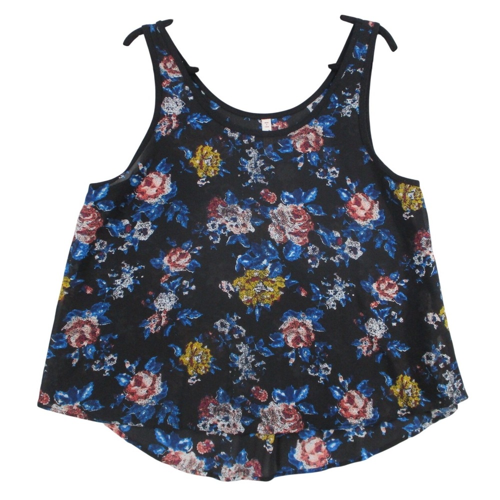 Mudd Womens XL Black Floral Chiffon Tank Top Sleeveless High Low Blouse